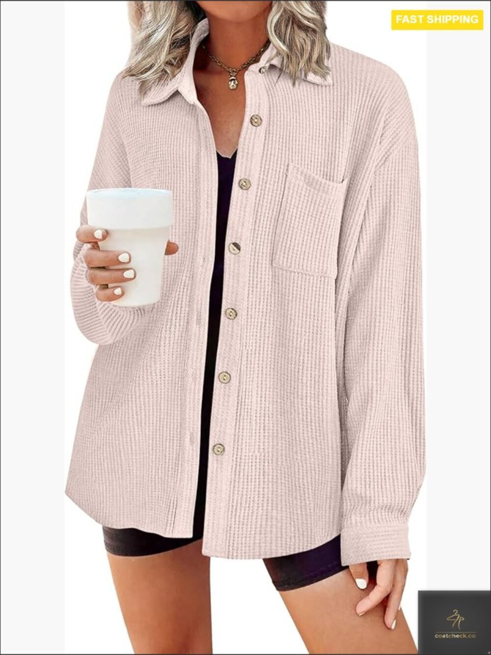 Waffle Knit Button Down Shirt Dressy Casual Long Sleeve Lightweight with Pocket